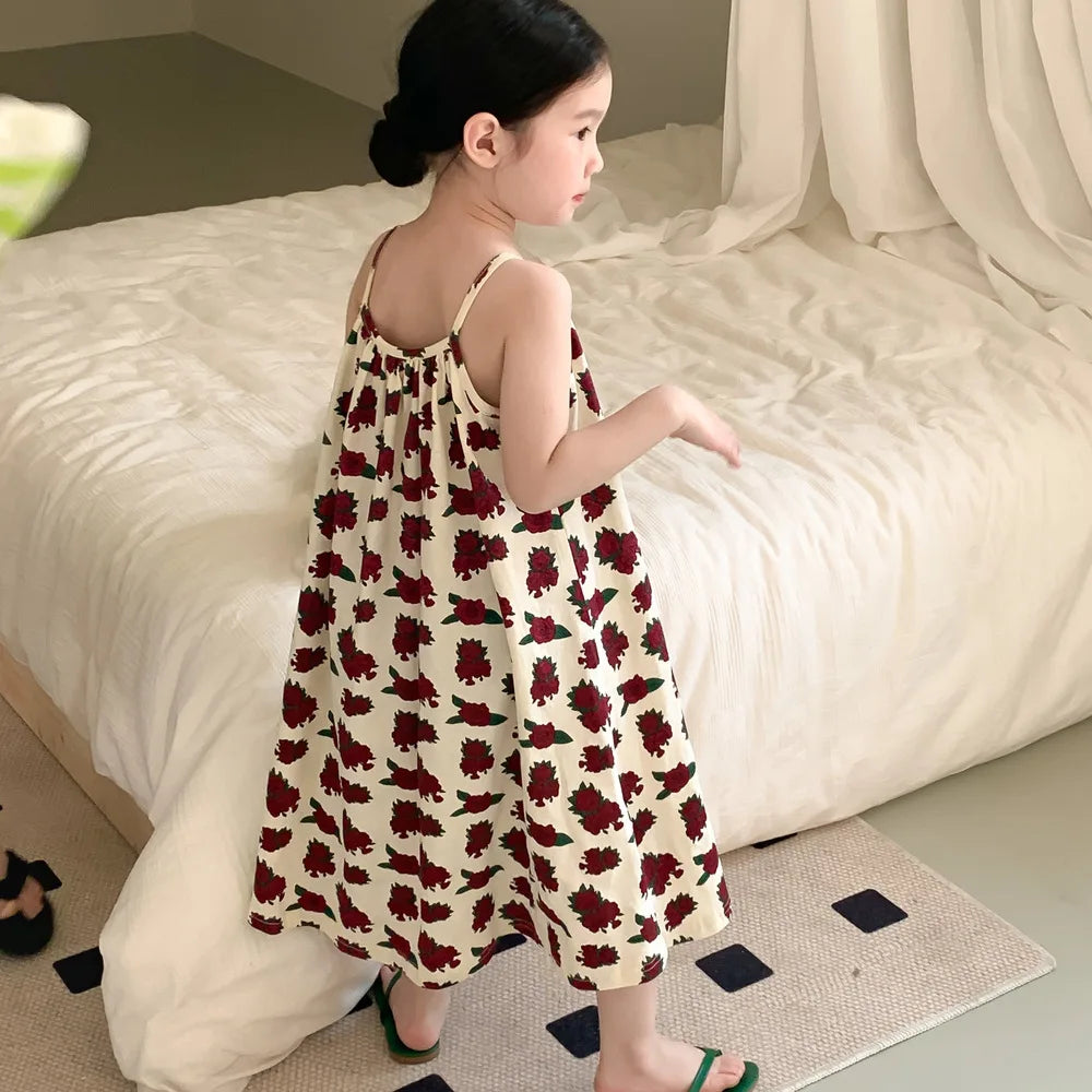 Sleeveless Beach Dress 2026 summer girls' Korean version suspender long dress printed rose Loose dress For 2-9 yrs Baby Girls