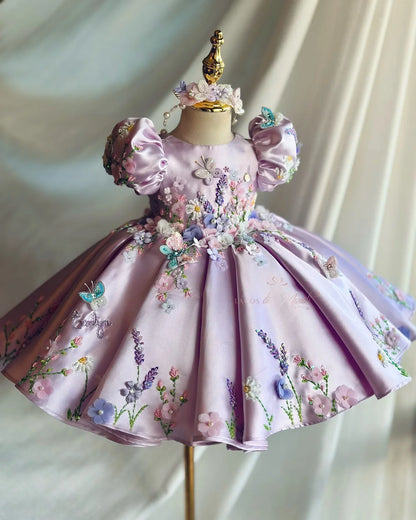 Flower Girl Dress Satin 3D Floral Butterfly Puff Sleeve Ball Gown Wedding Gown First Christmas Party Dress For Girlsفساتين