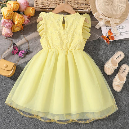 Dress For Girls Yellow O-Neck Fly-Sleeve Tulle Bowknot 8-12 Years Summer Elegant Sweet Style Princess Dress Kids Clothing