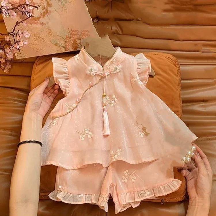 Fashion Chinese Tops Pants Girl Suit Casual Costume Kids Clothes Baby Outfit Summer Two-piece Set Girls Hanfu Children's Sets