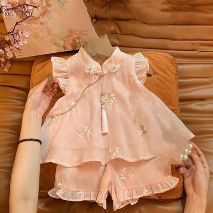 Fashion Chinese Tops Pants Girl Suit Casual Costume Kids Clothes Baby Outfit Summer Two-piece Set Girls Hanfu Children's Sets