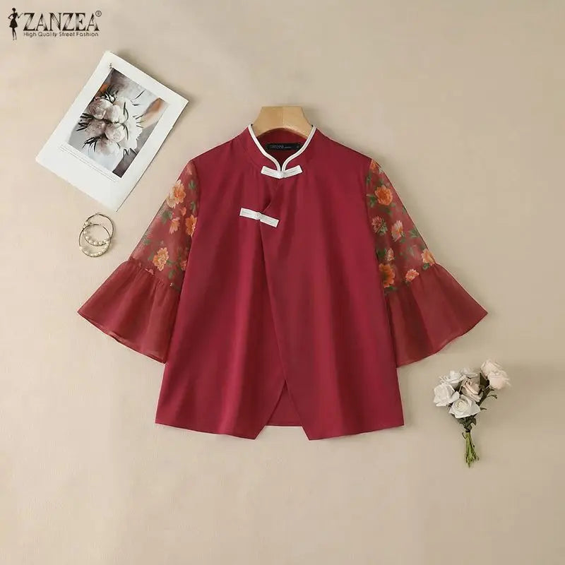 ZANZEA Chinese Style Woman Floral Chiffon Patchwork Sleeves Blouses Mandarin Collar Vintage Tops Summer Elegant Daily Wear Blusa