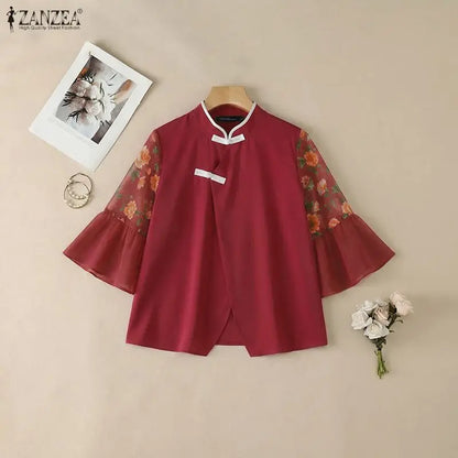 ZANZEA Chinese Style Woman Floral Chiffon Patchwork Sleeves Blouses Mandarin Collar Vintage Tops Summer Elegant Daily Wear Blusa