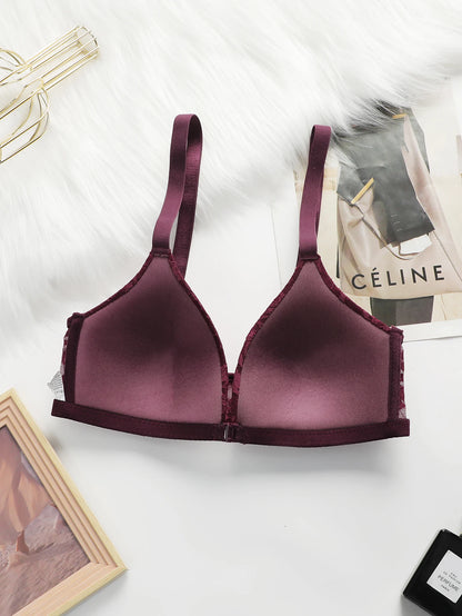 Women Sheer Lace Bra Set Front Hook Closure Wireless V Neck Brassiere Burgundy Floral Lace Underwear Panties Suit Sexy Lingerie