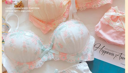 Sweet and lovely floral embroidered bralette lace girls' underwear set Japanese push up women lingerie ladies gathered bra sets