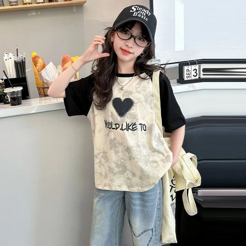 Big Girls Summer T-Shirt Raglan Sleeve Casual Tee Fresh Sweet Fashion Top New Arrival Short Sleeve for Kids Daily Outfit