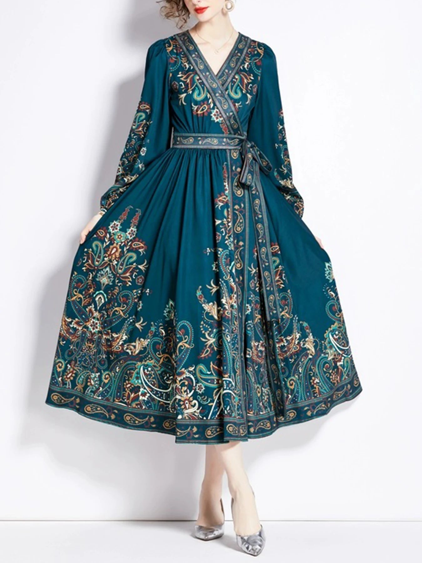 Spring Autumn Plus Size New Vintage Print Elegant Holiday Style Dress Middle East Robe Ethnic Long Sleeve V-Neck Belted Commute