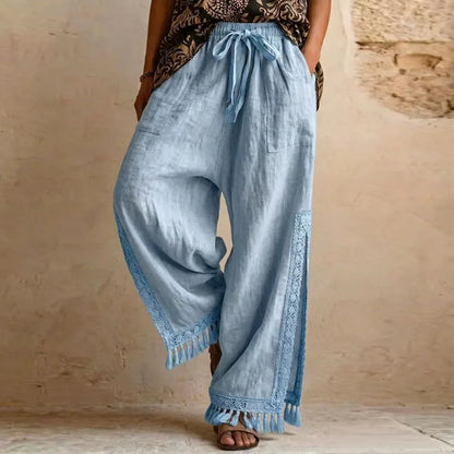 Women Solid Side Split Wide Leg Pants Elastic Drawstring Pockets Lace Tassel Loose Pants New Boho Summer Casual Holiday Trousers
