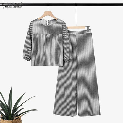 2026 ZANZEA Summer Pant Sets Women Striped Tracksuit 2 Piece Sets Short Sleeve Blouse Wide Leg Trousers Elegat OL Work Tracksuit