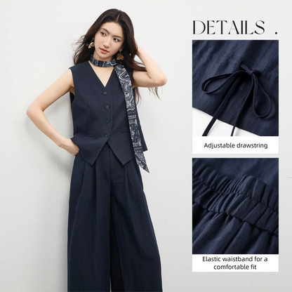 SENTUBILA Office 2 Piece Pant Set 2026 Women Linen Blend Summer Suit V Neck Waistcoat Wide Leg Baggy Pant Print Scarf 162ZA5663Z