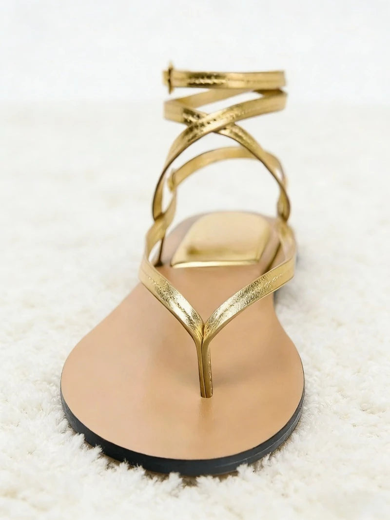 Sexy Gold Ankle Strap Buckle Flat Sandals Women Lightweight Comfort Flip Flops Luxury Designer Cross Strap Summer Shoe Sandalias