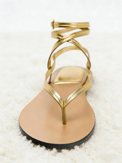 Sexy Gold Ankle Strap Buckle Flat Sandals Women Lightweight Comfort Flip Flops Luxury Designer Cross Strap Summer Shoe Sandalias