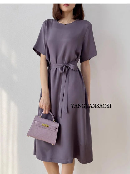 2026 Summer New 26MM 93%Natural Mulberry Silk Elastic Heavy Wrinkle Round Neck Short Sleeve Straight Mid Length Women's Dress