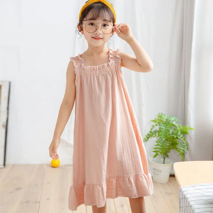 2026 New 100% Cotton Girls Summer Nightgown Thin Princess Spaghetti Strap
