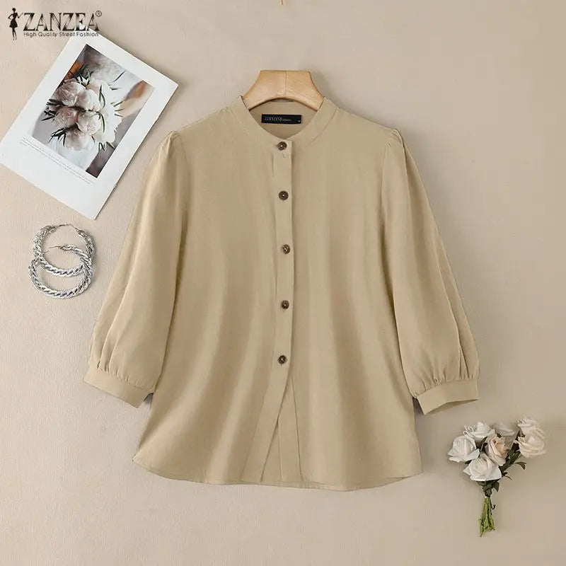 ZANZEA Women's Summer Cotton Shirts Minimalist Stand Collar 3/4 Puff Sleeve Button Up Tops Casual Loose Breathable Chemise Femme