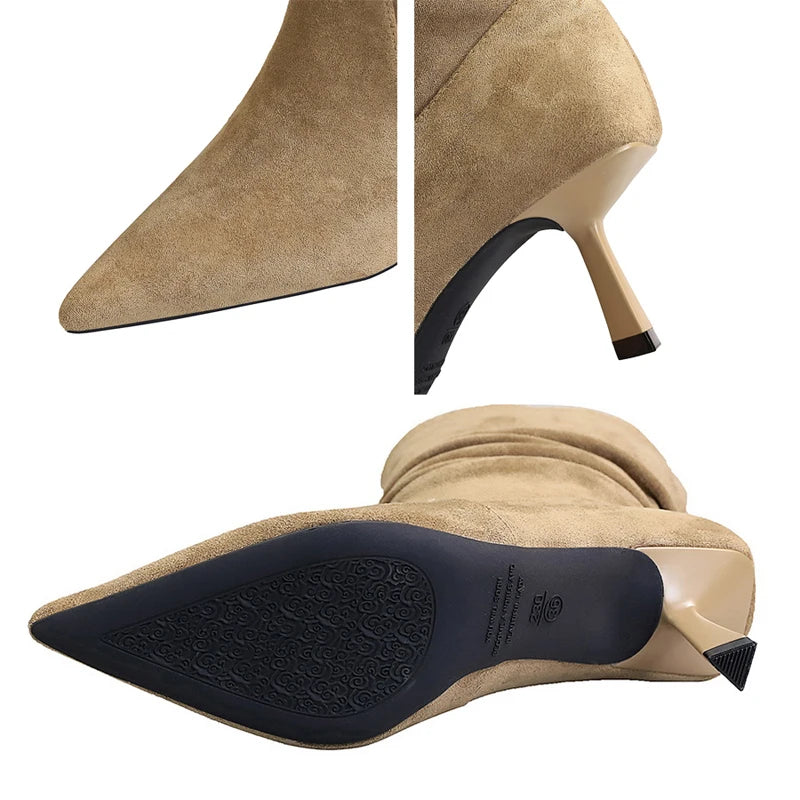 BIGTREE Shoes Women Pleated Elastic Boots Woman Stiletto 6.5 CM High Heel Boots Suede Ankle Boots Fashion Pointed Short Boots