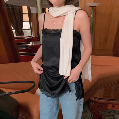 ZANZEA Woman Elegant Spaghetti Straps Satin Tank Top Lace Trim Square Neck Slit Hem Sleeveless Tops Summer Date Night Blouses