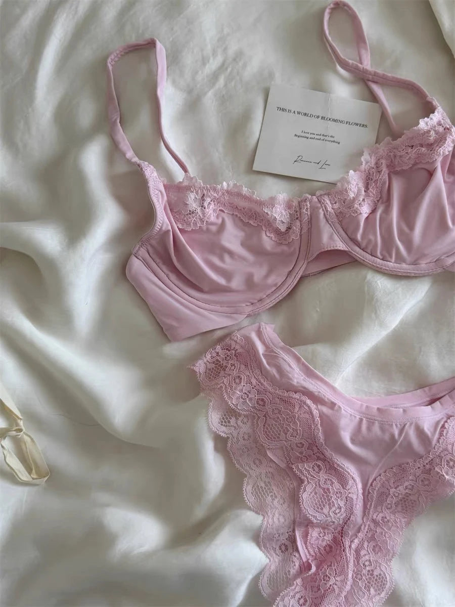 Lace Bra Set Women Thin Transparent Mesh With Steel Ring Bras+Low Waist Panties Female Pink Sweet Bra Sets Underwear 2026 New
