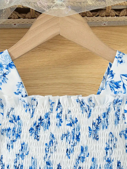 Casual Blue Floral Square Neck Ruffle Dress for Girls Breathable Short-Sleeved Summer Dress Suitable for Daily Wear