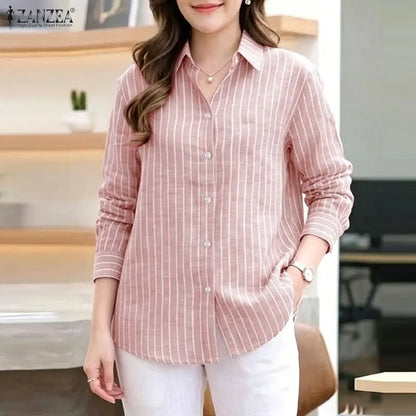 ZANZEA Women Loose Long Sleeve Shirts Striped Turn-Down Collar Button Up Oversized Tops 2026 Autumn Commute Work Camisas Mujer