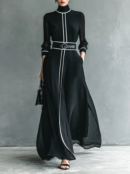 French Elegant Chiffon Maxi Dress, High Neck Long Sleeve with White Piping Trim, Ideal for Office, Business, Banquets & Parties