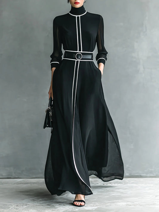 French Elegant Chiffon Maxi Dress, High Neck Long Sleeve with White Piping Trim, Ideal for Office, Business, Banquets & Parties