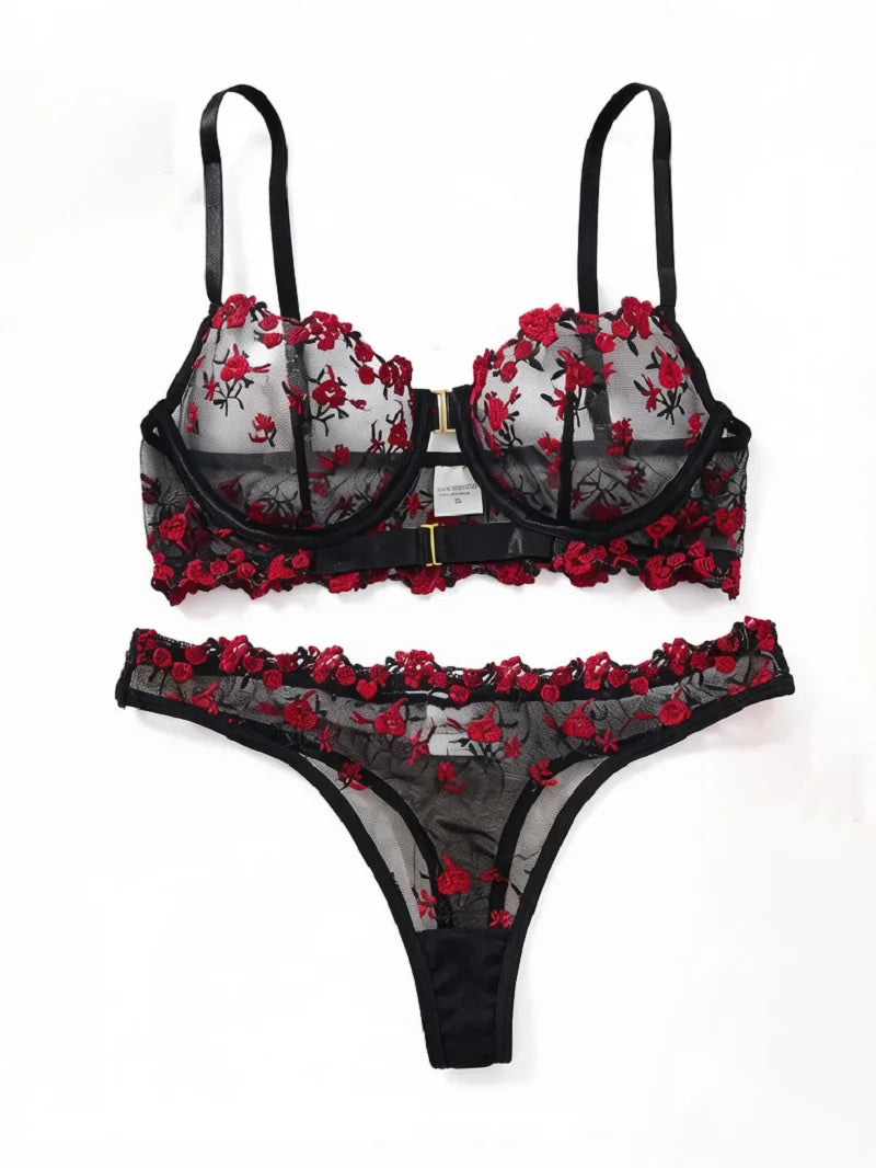 Women Black Red Floral Embroidery Lingerie Set Sheer Mesh Front Closure Underwire Bra & Thong 2‑Piece Intimate Underwear S‑XL