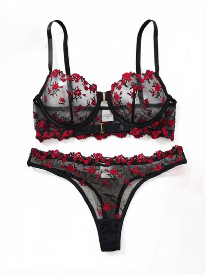 Women Black Red Floral Embroidery Lingerie Set Sheer Mesh Front Closure Underwire Bra & Thong 2‑Piece Intimate Underwear S‑XL