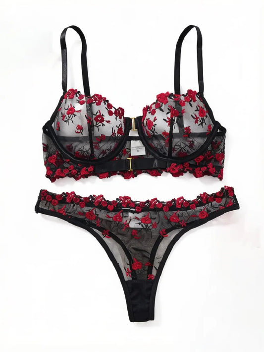 Women Black Red Floral Embroidery Lingerie Set Sheer Mesh Front Closure Underwire Bra & Thong 2‑Piece Intimate Underwear S‑XL