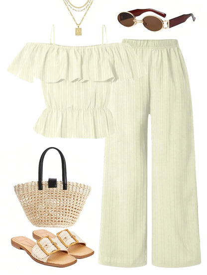 Girls Casual Long Pants Set Summer Fashion One-Shoulder Strap Top And Long Pants Outfit Suitable for Outdoor Scenarios