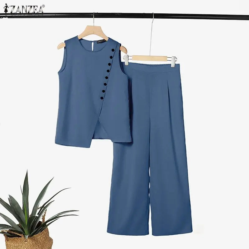 Fashion ZANZEA Summer Sleeveless Tanks Tops Trousers Suit Solid Color OL Work Tracksuit Outfit Matching Set 2PCS Women Pant Sets