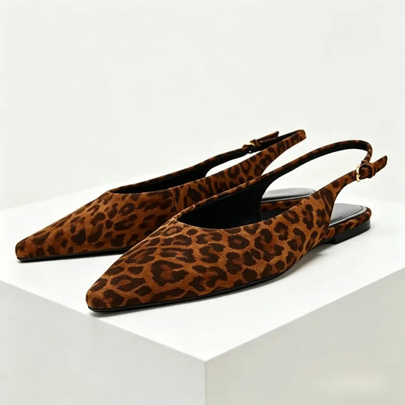 Animal Print Leather Slingback Shoes for Women Sexy Pointed-toe Flat Sandals for Ladies Back Strap Buckle Comfortable Women Shoe