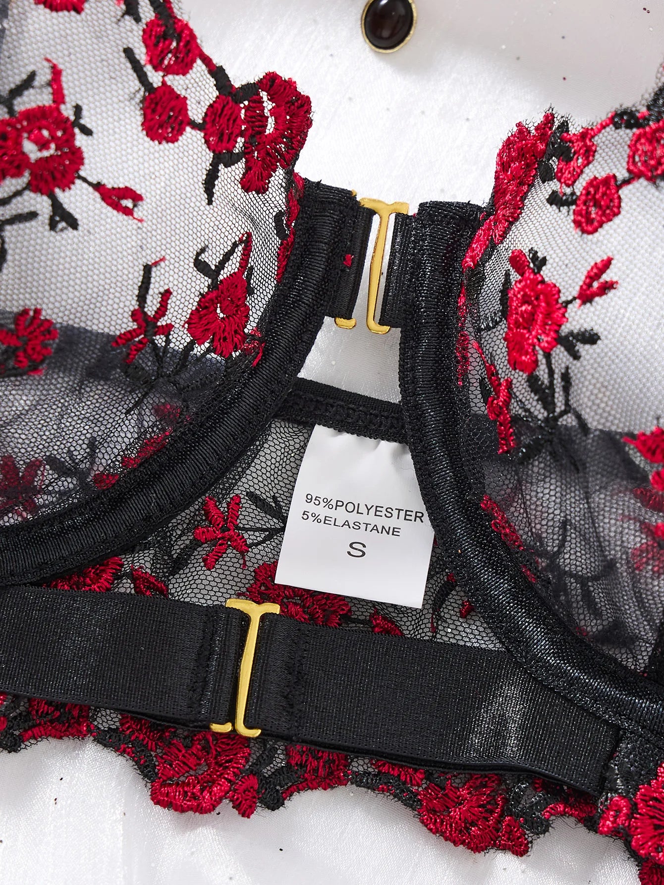 Women Black Red Floral Embroidery Lingerie Set Sheer Mesh Front Closure Underwire Bra & Thong 2‑Piece Intimate Underwear S‑XL