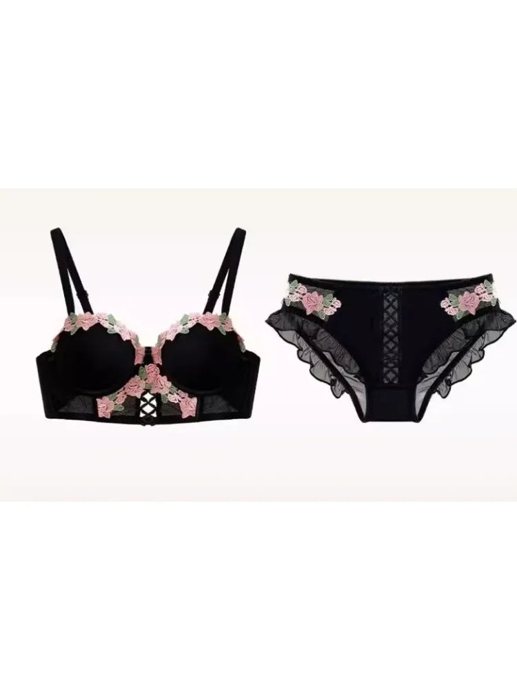 YUQI Vintage Floral Lingerie Set Cream Lace Bralette, Retro Push Up Bra for Small Bust Women Pure & Sensual Embroidered Wireless