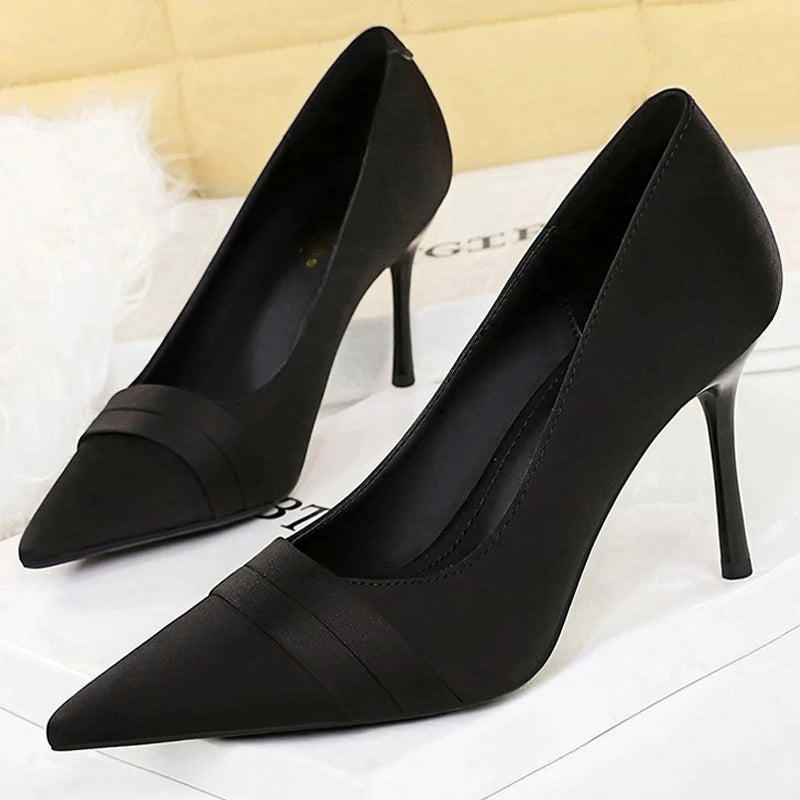 BIGTREE Shoes Silks Satins Women Pumps Fashion High Heels Sexy Party Shoes Pointed Tip Pumps Woman Stilettos 8 cm Heels Lady