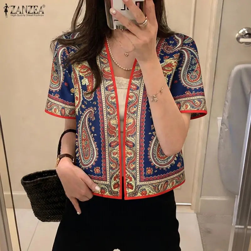 ZANZEA 2026 Summer Paisley Print Short Cardigans Women Open-Front Short Sleeve Shirts Vacation Casual Beach Cover-Up Tops