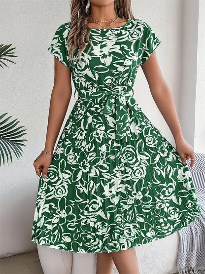 Ficusrong Fashion Floral Pleated A Line Long Dress Women Spring Summer Short Sleeve High Waist Chic Dress