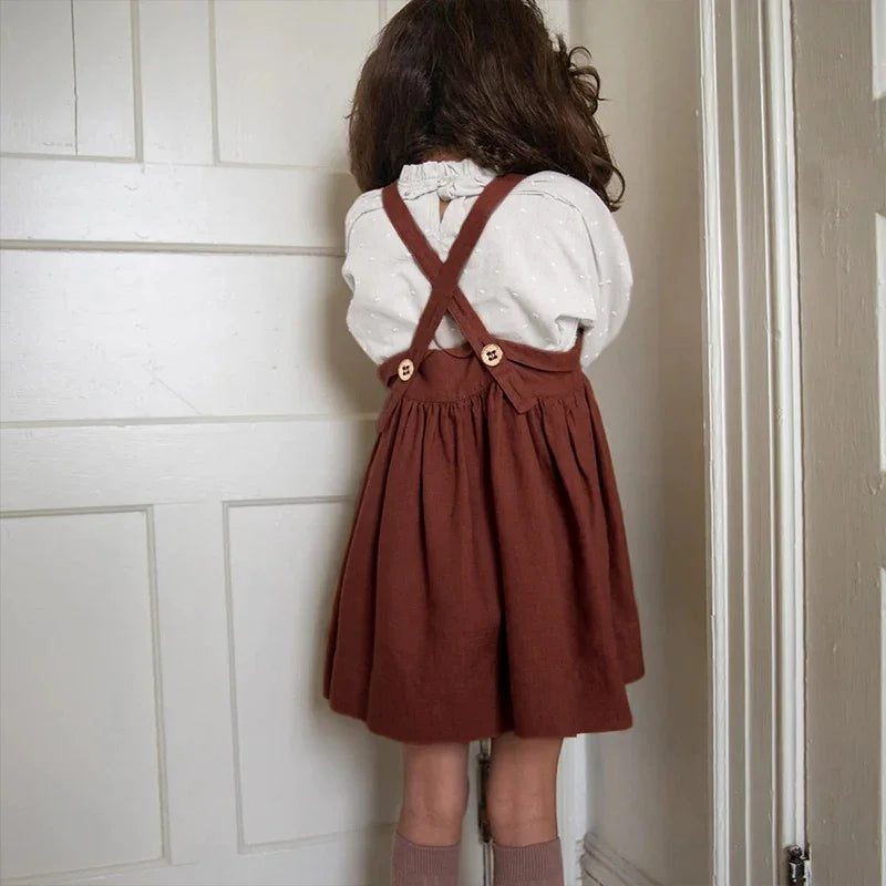 Girls Sweet Cute Cotton And Linen Strappy Dress 2026 Summer New Baby Girl Japanese College Style Cross Buckle Linen Dresses
