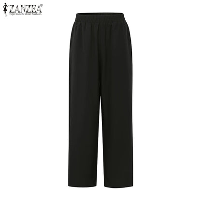 Plus Size Sets ZANZEA 2026 Autumn Women Elegant Pants Sets Vintage Printed Long Sleeve Tops Long Pants Office Lady Suits Casual