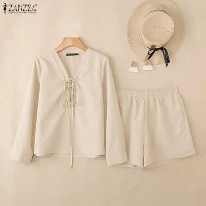 ZANZEA Fashion Women Outfits Holiday 2 Pieces Sets Casual V Neck Long Sleeve Lace-Up Tops Short Sets Solid Color Loose Tracksuit