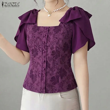 ZANZEA Woman Elegant Floral Jacquard Blouses Square Neck Petal Sleeves Bow Details Short Tops Summer Feminine Blusas de Mujer