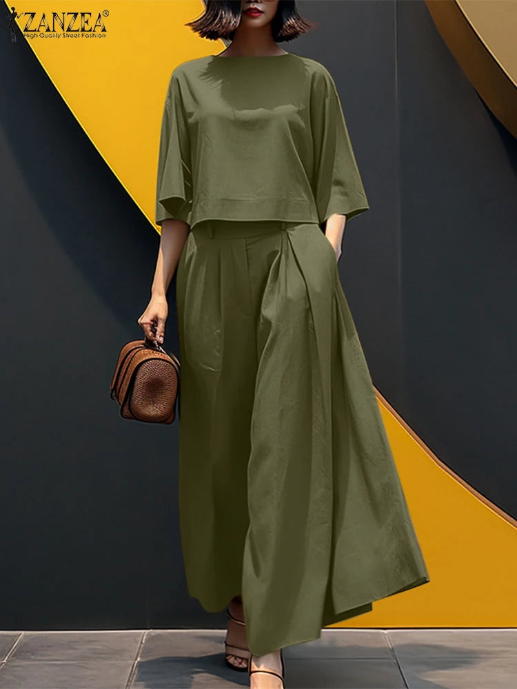 ZANZEA Summer Pant Sets 2025 Fashion Matching Sets Women Baggy Blouse Wide Leg Trousers Suit 2pcs Outfits Solid Work Tracksuits