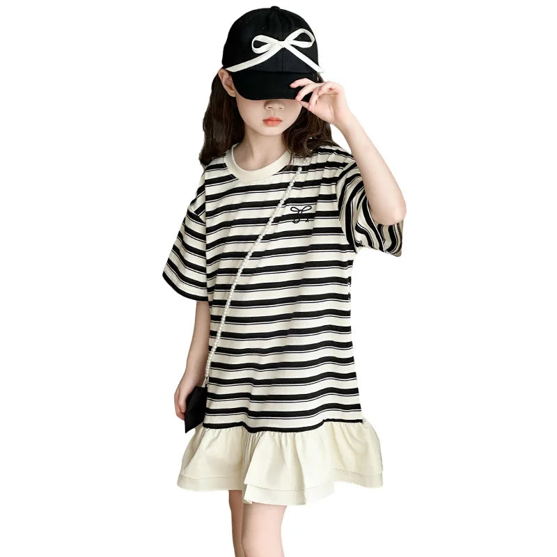 2026 Summer Kids girls cotton patchwork flounce lace striped T-SHIRT Dresses cotton Princess Children 5 6 7 8 10 11 12 13 Years