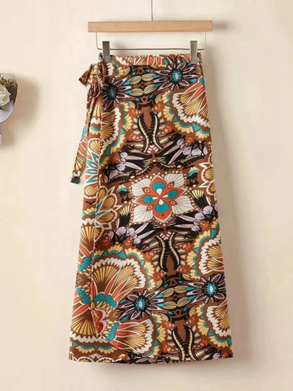 Vacation Style Wrap Skirt Beachside Long Skirt Women's High Waist A-Line Midi Skirt Floral Print One-Piece Summer Spring