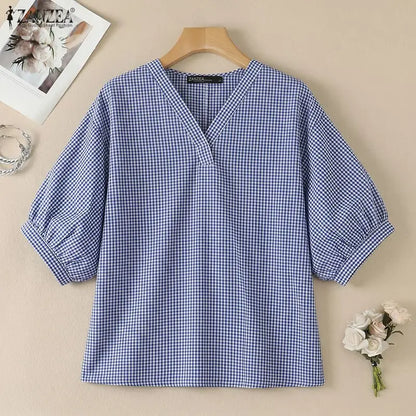 ZANZEA Woman Casual Gingham Check Blouses V-Neck Lantern 3/4 Sleeves Loose Tunic Top 2026 Summer Daily Wear Blusas Mujer S-3XL