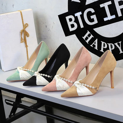 French Style Lady Pearl Chain Bow Pointed Toe Shallow Mouth Fashion Suede Stiletto Shoes for Women  Design Perfect Elegant