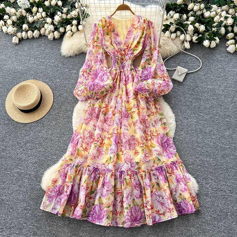 Spring Autumn French V-neck Lantern Sleeve Chiffon Dress Women Fashionable Elegant Elastic Waist Lotus Leaf Edge Length Dress L8