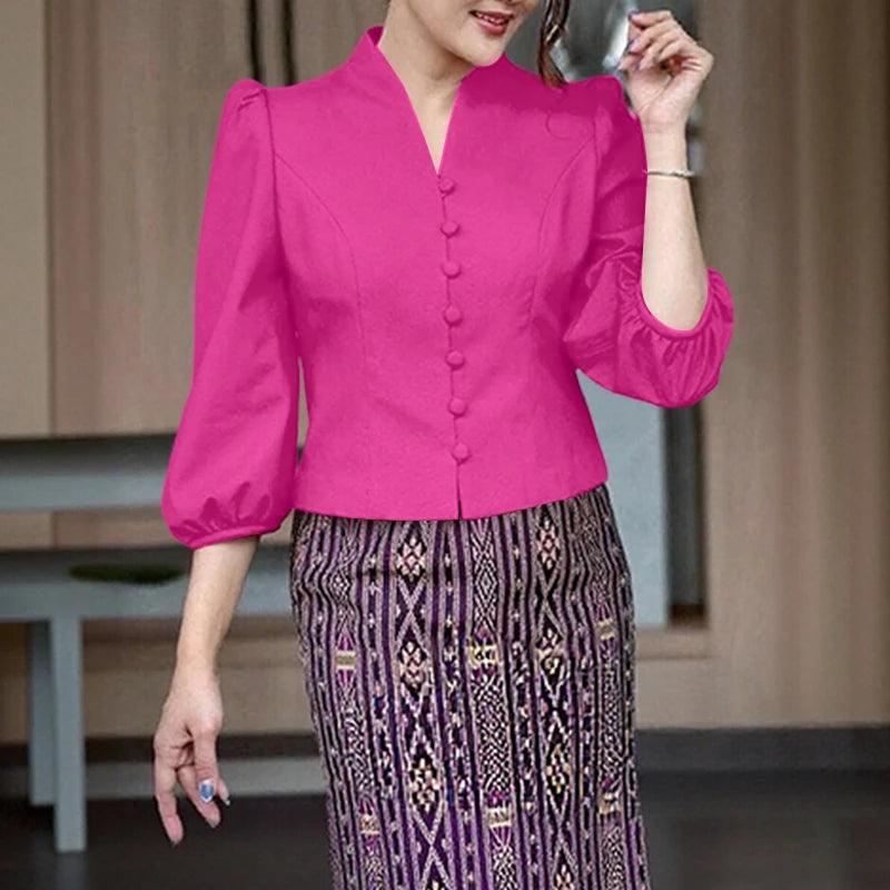 ZANZEA Women's Elegant Princess Seams Short Shirts V-Neck 3/4 Puff Sleeve Button Up Solid Color Tops Classy Party Woman Clothes