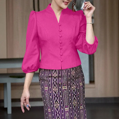 ZANZEA Women's Elegant Princess Seams Short Shirts V-Neck 3/4 Puff Sleeve Button Up Solid Color Tops Classy Party Woman Clothes