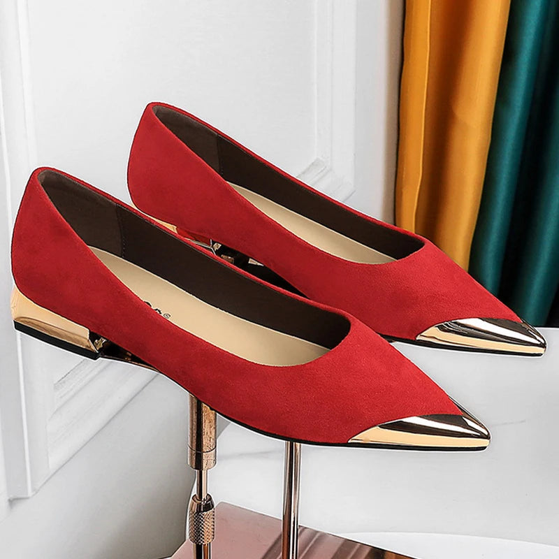 New Women Low Heeled Shoes Suede Ladies Shoes Metal Pointed Tip Women Shoes Comfort Female Shoes Low Heel Office Shoes 6 Color